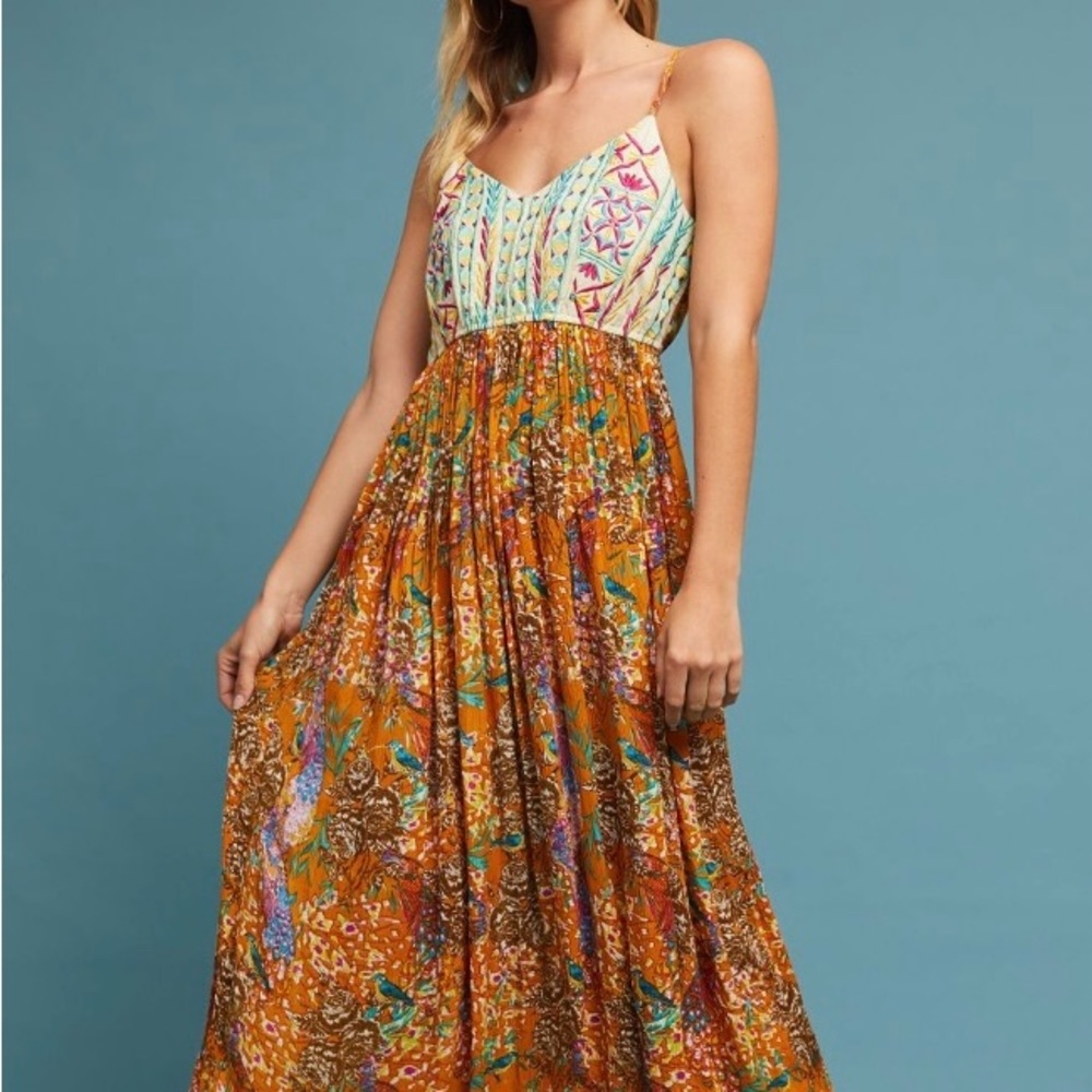 Anthropologie Green Pleated Sundress Resort Wear